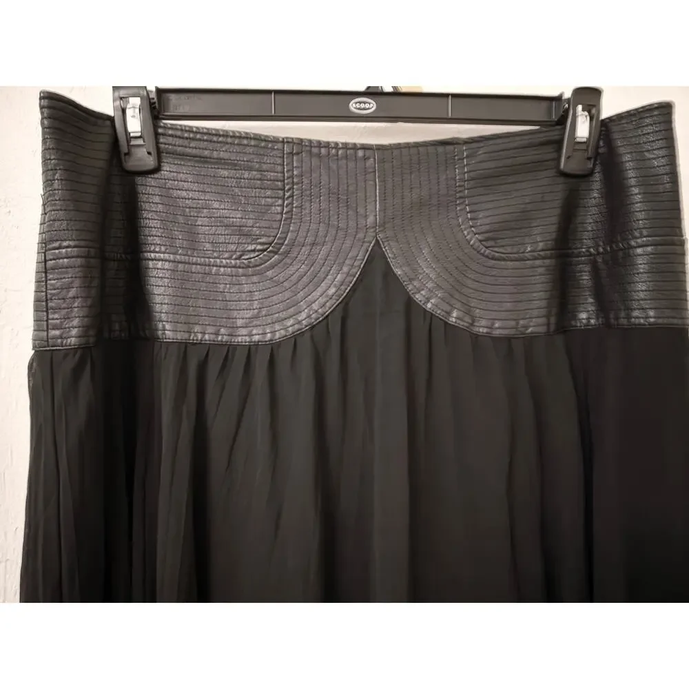 By Anthropologie Black Maxi Skirt 16 Faux Leather Yoke Goth Sheer Flowy